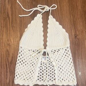Fashion Nova Cream Crochet Halter Crop Top